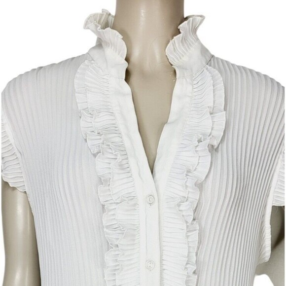 Pleated Tiered Bow Flutter Cap Sleeve Lettuce Hem Button-Down Blouse Lane Bryant - Picture 4 of 8